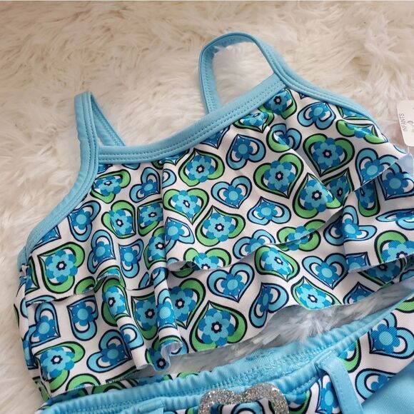 Two Piece Blue and Heart Print Bathing Suit Size 12M - Picture 2 of 8